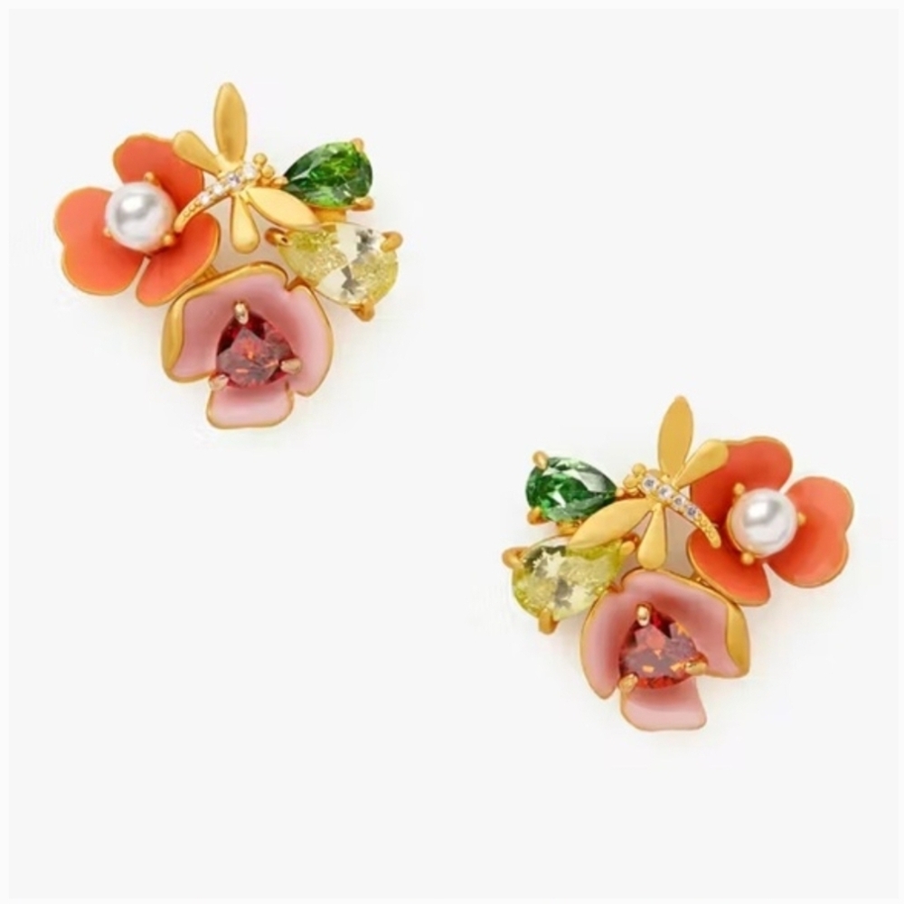 NEW Kate Spade Bloom In Color Cluster Stud Gold Floral Earrings with Gem Accents